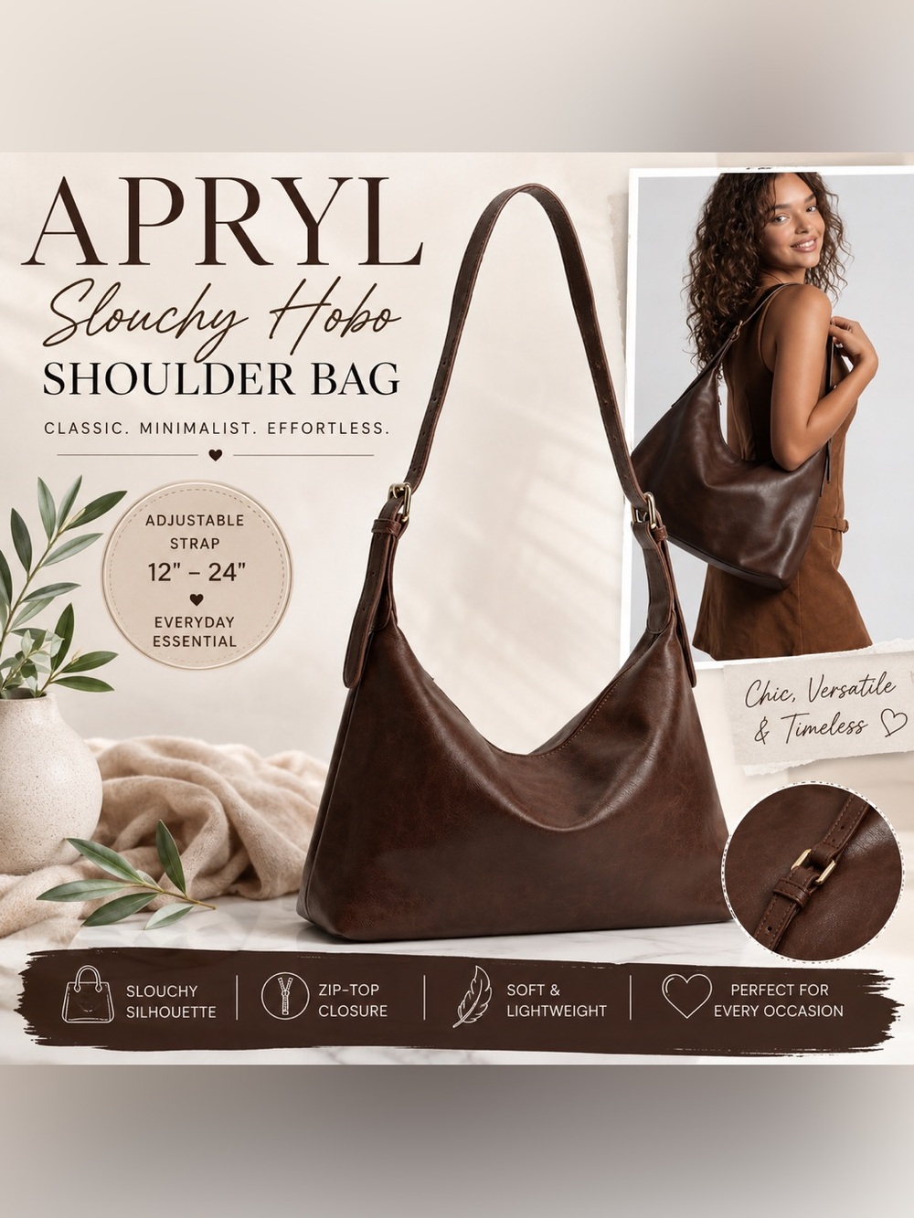 Apryl Brown Slouchy Hobo Shoulder Bag Adjustable Strap Purse